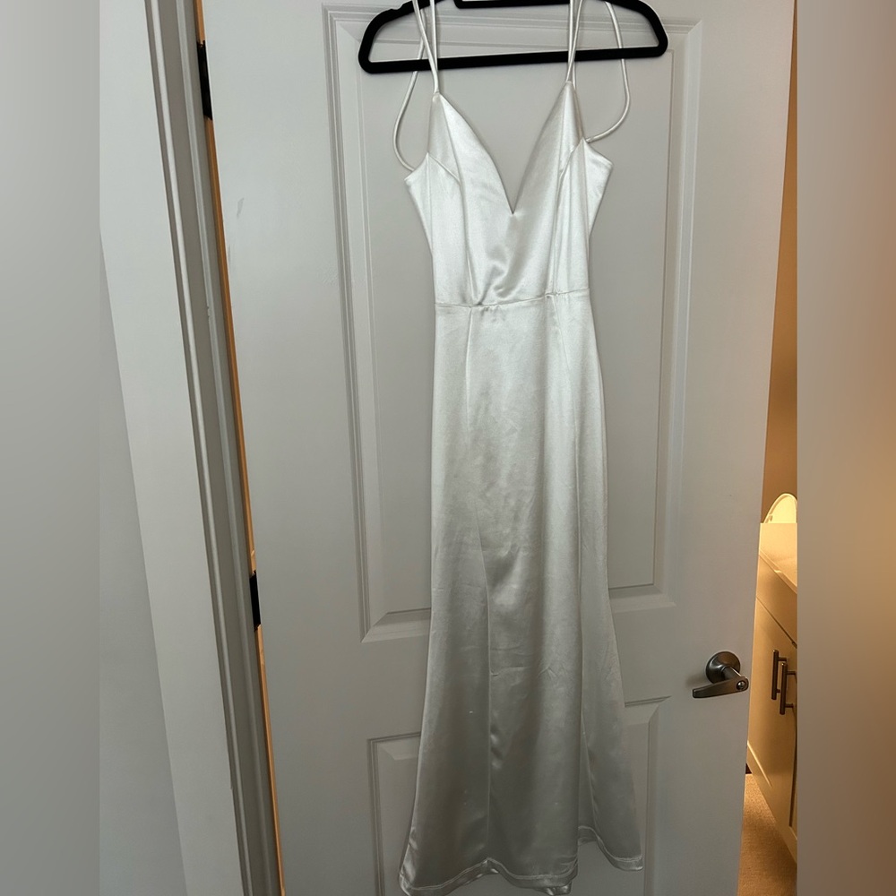 Windsor Heidi White Satin Lattice Lace Up Formal Mermaid Dress